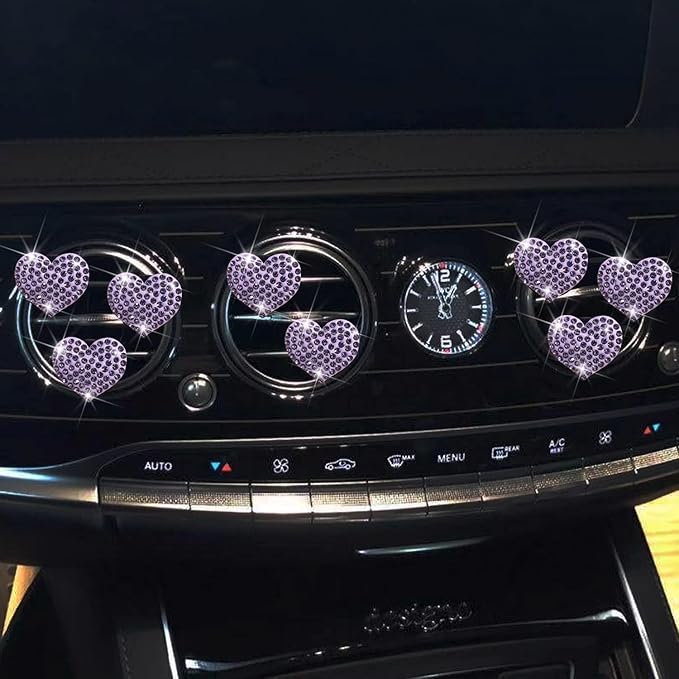Bling Heart 8pcs Air Vent Clips, Crystal Heart Air Fresheners Vent Clips Rhinestone Diamond Car Decoration Cute Car Accessories for Women Girls (Purple)