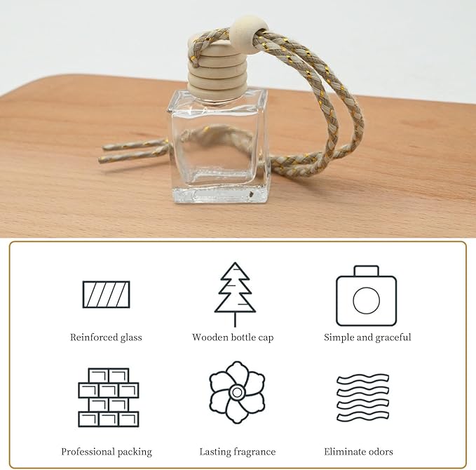 10PCS Flat Square Car 10ML Perfume Empty Bottles with Gold Wire Rope Flat Square Empty Bottles-Car Diffusers for Essential Oils-Essential Oil Car Freshener-Hanging Car Air Freshener