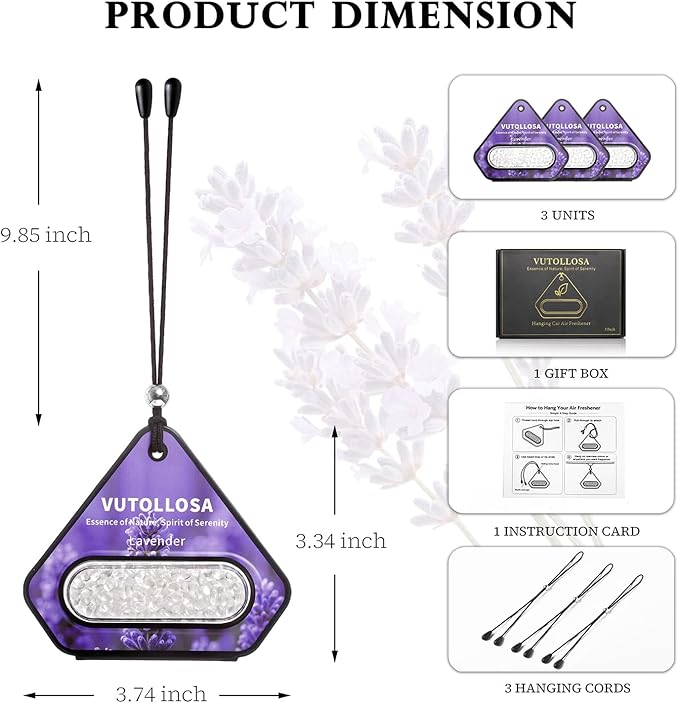 3 Pack Car Air Freshener & Car Deodorizer, Lavender Scented - Long Lasting Hanging Car Air Fresheners for Women & Men, Car Accessories by VUTOLLOSA