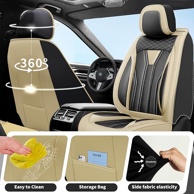 Fit Leaf Car Seat Covers Compatible with Nissan Leaf 2012-2025 2026 - Full Set Premium Leather， Waterproof Breathable， All-Weather Seat Cushion Protecto&Airbag Compatible （Beige & Black