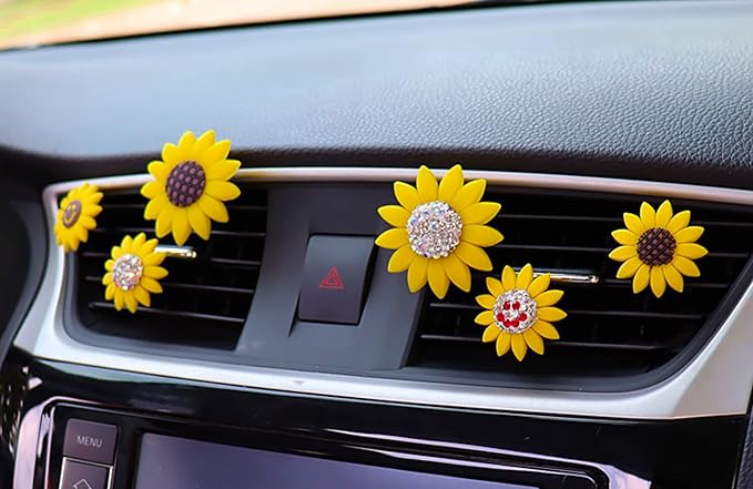 2 Pieces Sunflower Air Vent Clips Flower Car Accessories Cute Car Air Freshener Sun flower Gift Decorations Charm Car Clip Interior Air Vent Decor