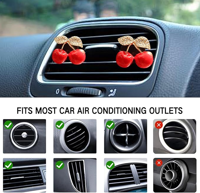 Rhinestone Cherry Air Vent Freshener Clips & Crochet Rear View Mirror Hanging Ornament,Car Decor Set, for Women Girls, for Cars, SUV, Trucks