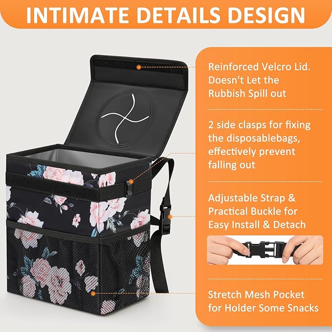 Car Trash Can for Car Cute,Bag Bin Hanging Waterproof Automotive Garbage Cans Leak Proof Vehicle Trash Can Black Floral
