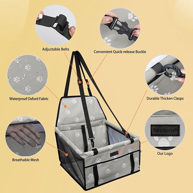PetsHome Dog Car Seat Foldable Dog Car Booster Seat Waterproof Breathable Oxford Travel Bag for Small to Medium Dogs, Puppies, and Pets-Footprint Grey