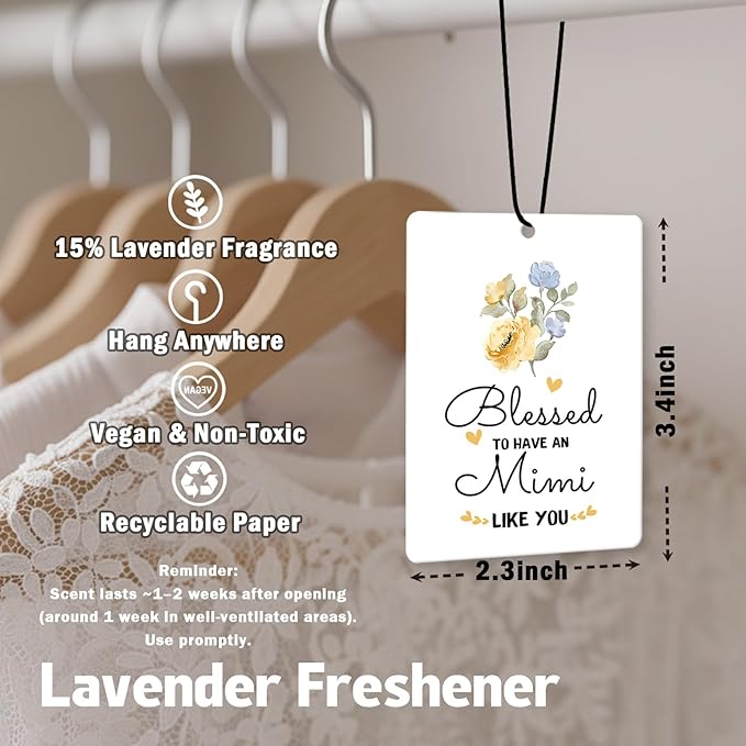 Mimi Grandma Gifts Car Air Freshener Hanging 3 Pack, Blessed to Have An Mimi Car Accessories Gifts for Grandma Christmas Women,Rustic Floral Scent Card Lavender for Closet Bathroom Decor