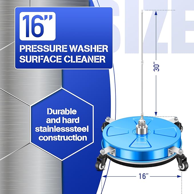 16'' Pressure Washer Surface Cleaner with 4 Wheels - Stainless Steel Surface Cleaner for Pressure Washer Attachment for Concrete, Driveway, Patio, Sidewalk, Deck and Driveways (16 INCH Blue)
