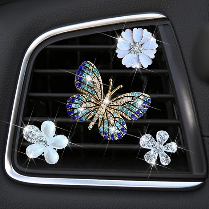 Bling Flower Air Vent Clips, 4 Pcs Blue Butterfly Car Air Fresheners Vent Clips Car Diffuser Diamond Car Decoration Car Interior Decor Daisy Cute Car Accessories for Women Girls