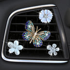 Bling Flower Air Vent Clips, 4 Pcs Blue Butterfly Car Air Fresheners Vent Clips Car Diffuser Diamond Car Decoration Car Interior Decor Daisy Cute Car Accessories for Women Girls