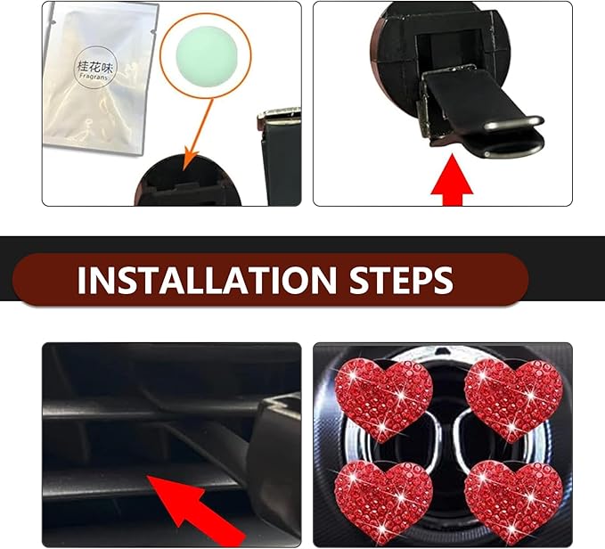 MLY 4 PCS Car Bling Vent Clips, Heart Crystal Rhinestone Air Freshener Vent Clips, Passenger Princess Glitter Cars Accessories, Universal Car Air Freshener Decoration for Women (Red)