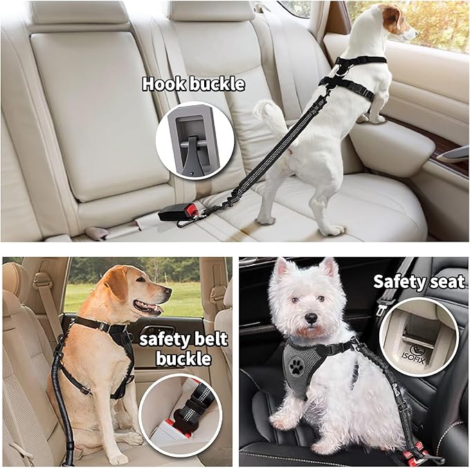 Dog seat Belt for car,2Pack 3-in-1 car Harness for Dogs Safety seat Belt Bungee,Dogs Seats Belt stether with Buckle&Hook Latch,Adjustable Reflective Dog seat Belts with 360° Lockable Buckle(Black)