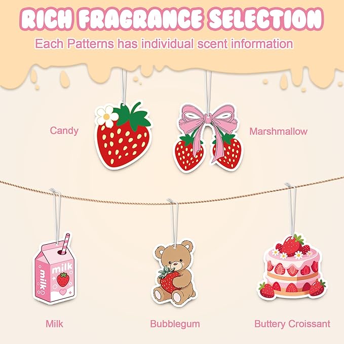 Strawberry Car Air Fresheners,5-Pack Candy Scents Cute Car Accessories,Funny Hanging Ornament Decor for Rearview Mirror,Long-Lasting Fresh Gifts for Women,Girls,Coworkers,Teacher & Nurse