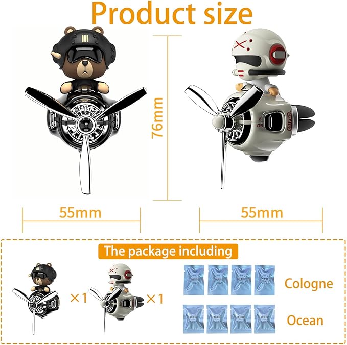 2Pcs Car Air Fresheners, Cute Bear Pilot Automotive Air Outlet Creative Car Perfume Diffuser, Automotive Accessories Air Vent Decoration with 8 Fragrant Tablets (Black 1+White 1)
