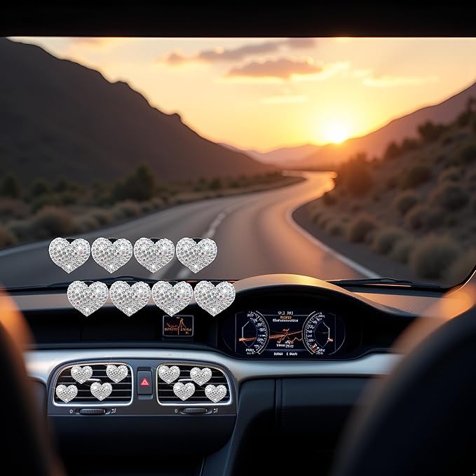 8 Pcs Silver Bling Heart Air Vent Clips, Crystal Car Fresheners, Diffuser With Rhinestone Decoration, Cute Interior Accessories for Women Girls, Decorations