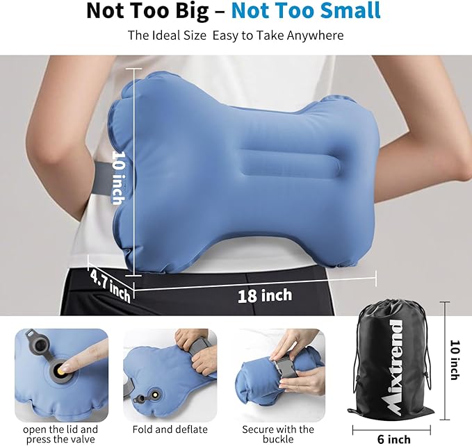 Mixtrend Travel Lumbar Pillow Inflatable Lumbar Support Pillow with Memory Foam, Back Support Pillow for Airplane Long Flight, Essential Travel Support Pillow for Women Men Kids（Mist Blue）