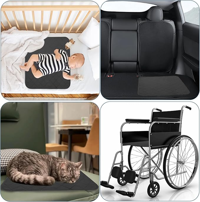 Waterproof Chair Pads for Incontinence, 4 Pack Reusable Seat Protector Pads 18" x 16", Absorbent Wheelchair Pad Covers, Washable Chair Pads for Adults, Kids & Pets - Black