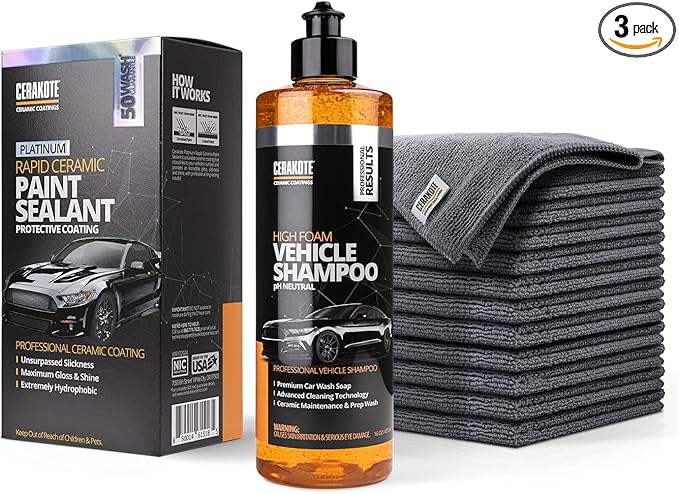 Cerakote Paint Care Bundle - Platinum Rapid Ceramic Paint Sealant (14 oz. Kit) with High Foam Vehicle Shampoo (16 oz.) and Microfiber Application Towels - Clean and Care for Vehicle's Paint