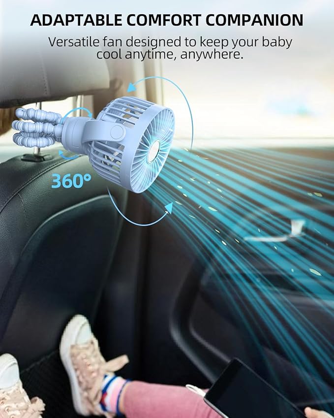 Portable Stroller Mini Fan, Small Rechargeable Personal Fan, Travel Essentials for Baby, Wagon, Car Seat, Treadmill, Battery Powered Biking Gear Accessories, 360° Rotation, 3-Speed, Display