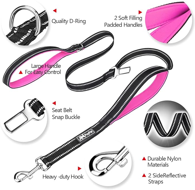 PoyPet 5 Feet Heavy Duty Dog Leash - Car Seat Belt - 2 Handles -Padded Traffic Grip for Extra Control(Pink)