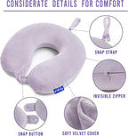 Travel Pillow Memory Foam for Airplanes - Neck Pillow for Traveling, Car, Home, Flight Pillow for Sleeping with Attachable Snap Strap Soft Washable Cover, Provide Head Neck Support Rest, Gray Purple
