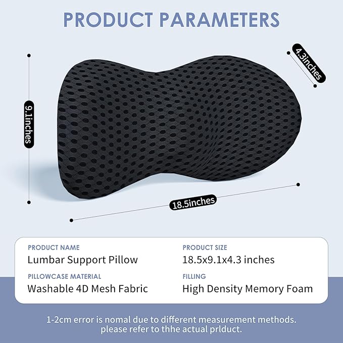 Lumbar Support Pillow, Memory Foam Lumbar Pillow for Lower Back Pain Relief, Back Support Pillow for Office Chair, Car Seat - Black