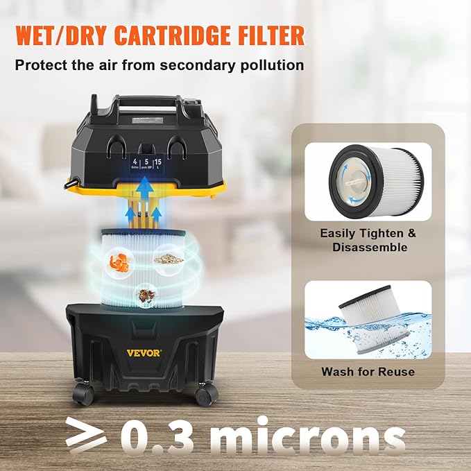 VEVOR 4 Gallon 5.0 Peak HP Wet and Dry Shop Vac， Portable Shop Vacuum and Blower 3-in-1 with Filter, Hose and Attachments for Home and Car Cleaning Black