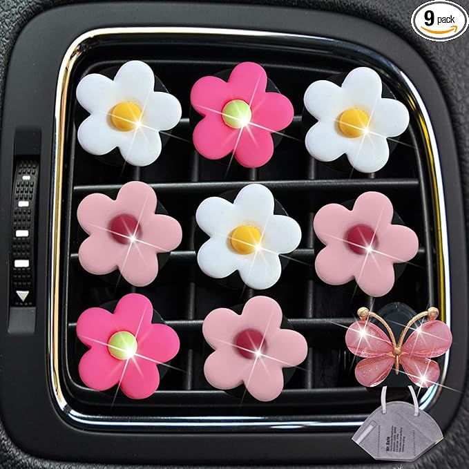 Cute Daisy Air Vent Clips 9 Pcs Flower Car Air Fresheners Vent Clips Charms Car Diffuser Vent Clip Car Decor Car Interior Decoration Cute Car Accessories for Women (White&Pink&Light Pink)