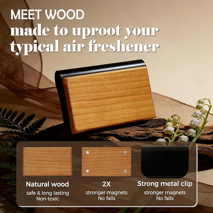 Wood Car Air Freshener - Long Lasting Teak Scent Starter Kit, Essential Oils, Metal Clip. Car Odor Eliminator with Clean Ingredients, Auto Accessories.