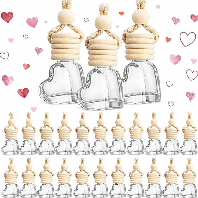 100 Pcs 6ml Hanging Car Diffuser Bottle Empty Glass Perfume Air Freshener Heart Love Bottle Diffuser Pendant Valentine's Day Essential Oil Fragrance Aromatherapy Ornament (Clear)