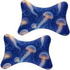 Car Seat Head & Neck Rest Pillow - Auto Headrest Bone Shape Pillow Cushion Soft and Comfortable for Travel, 2 Piece Compatible with Underwater Blue Jellyfish