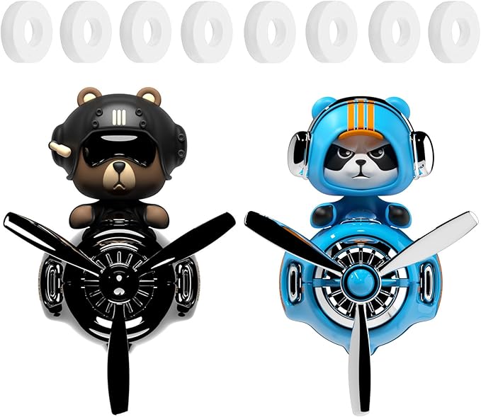 2Pcs Car Air Fresheners, Cute Bear Pilot Automotive Air Outlet Creative Car Perfume Diffuser, Automotive Accessories Air Vent Decoration with 8 Fragrant Tablets (Black 1+Blue 2)