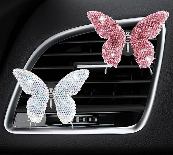 Dotesy 2Packs Bling Bling Butterfly Air Vent Clips Crystal Butterfly Car Air Fresheners Vent Clips Diamond Cute Car Interior Decor for Women (AB Colorful)