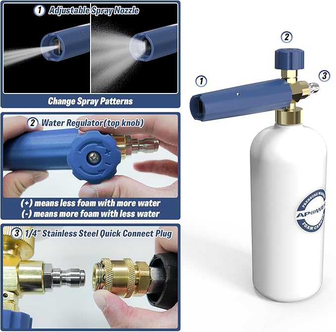 Foam Cannon Dual Connector Accessory, Pressure Washer Gun for Car Wash Kit, Double Tip Attachment for Soap Cannon, 5 Power Washer Sprayer Nozzles, 1/4 Inch Quick Connect, 1 Liter