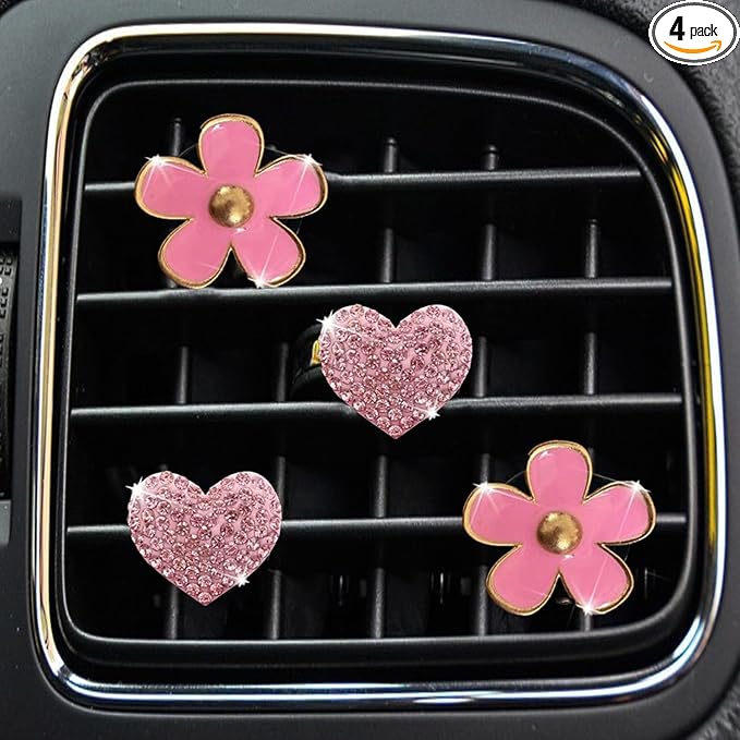 4PCS Car Air Vent Clips with Fragrance Pads, Cute Flower Car Air Fresheners Vents Clips Diamond Vent Clip Auto Interior Decor Charm Bling Auto Accessories Decoration for Women (Pink)