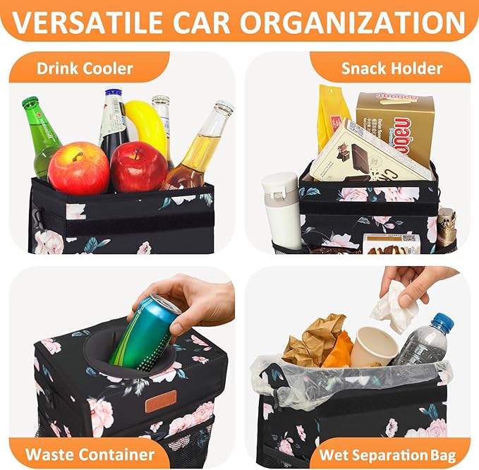 3 Gallons Car Trash Can with Lid, Car Bag Bin Hanging Waterproof Automotive Garbage Cans Leak Proof Vehicle Trash Can Black Floral
