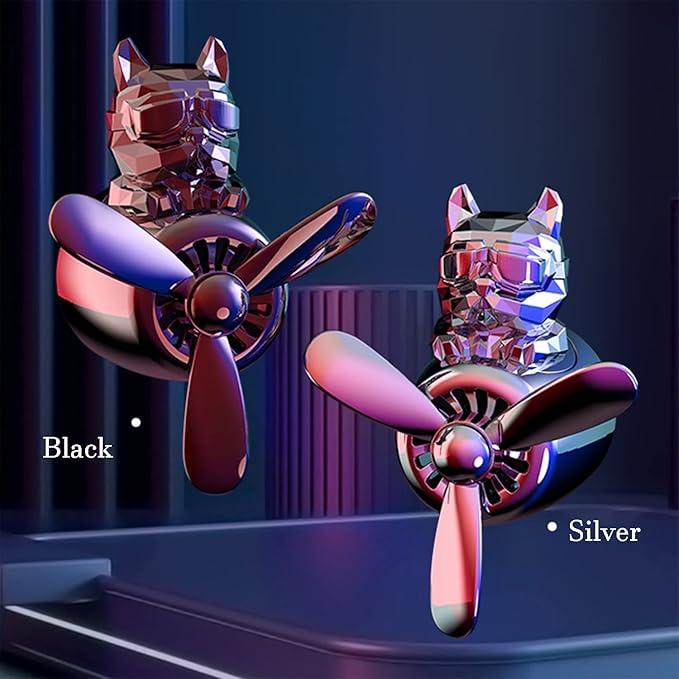 Car fragrance diffuser pilot air outlet cartoon rotating fan leaf perfume cute shape freshener with 2 fragrances (dog-black), Pack of 1 (MY-307)