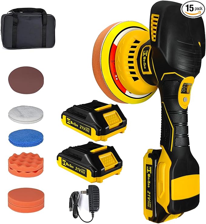 Cordless Car Buffer Polisher kit with 21V 2 X 2.0Ah Rechargeable Batteries,6 Inch Car buffer Waxer Kit, 6 Variable Speed 5500RPM Car Buffer Polisher for Car Detailing/Polishing/Waxing