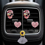 Pink Heart & Skull Air Vent Clips - 4 Pcs Diamond Car Interior Decor, Bling Skeleton Air Fresheners, Vents Clips, Funny Car Accessories + Sunflower Mask Hook
