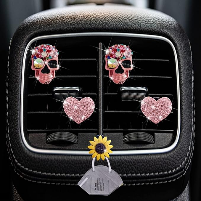 Pink Heart & Skull Air Vent Clips - 4 Pcs Diamond Car Interior Decor, Bling Skeleton Air Fresheners, Vents Clips, Funny Car Accessories + Sunflower Mask Hook