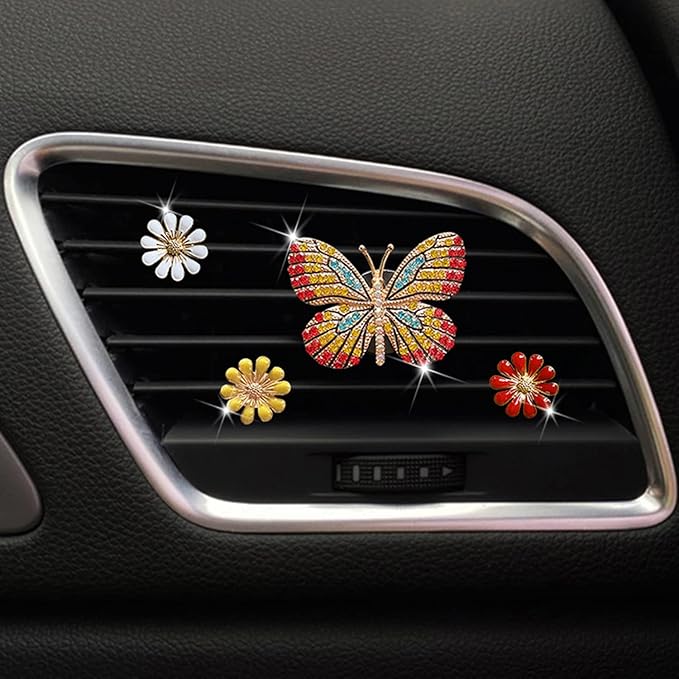 Gold Butterfly Bling Butterfly Car Clip Decor, Cute Car Vent Clips - Rhinestone Air Freshener Set with 3 Daisy Flowers