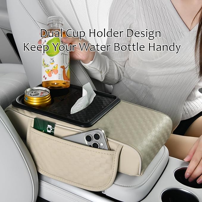 Car Center Console Armrest Pad, Arm Rest Box Cushion with Ergonomic Height Boost, Storage Pockets, Built-in Tissue Box, Cupholder, Fit for Most Sedan Vehicles (Embossing Checkerboard, Grey)