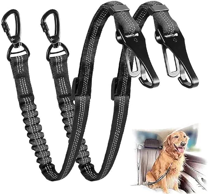 Dog seat Belt for car,2Pack 3-in-1 car Harness for Dogs Safety seat Belt Bungee,Dogs Seats Belt stether with Buckle&Hook Latch,Adjustable Reflective Dog seat Belts with 360° Lockable Buckle(Black)