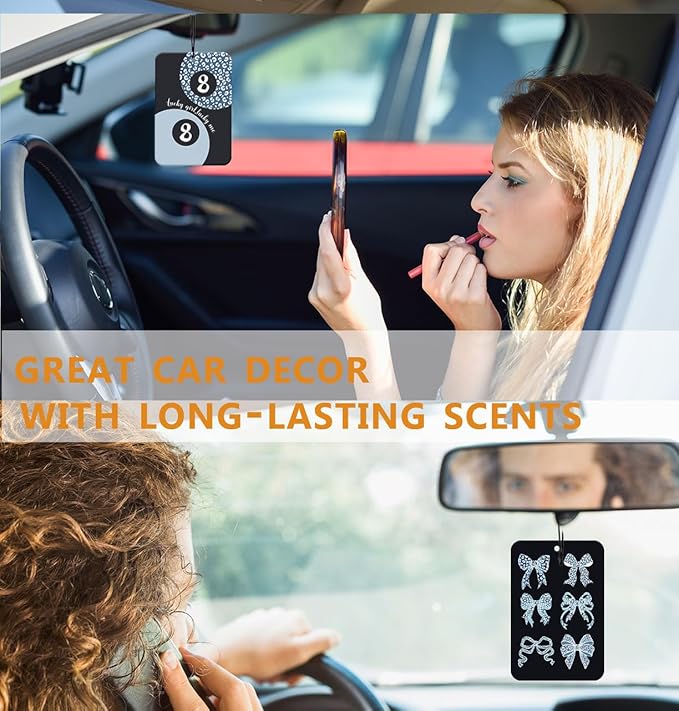 Retro Blue Leopard Car Air Freshener 4Pcs, Blue Black Cheetah Print Car Accessories Interior, Lucky 8 Ball Bows Girly Mirror Decor Hanging, Coquette Bows Air Freshener for Women Cars (Vanilla)