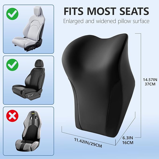 BABUR Car Headrest Pillow | Ergonomic Memory Foam Neck Shoulder Support Pillow with Adjustable Design & Enlarged Surface | Pain Relief for Driving Travel Sleeping | Black 1 Pack