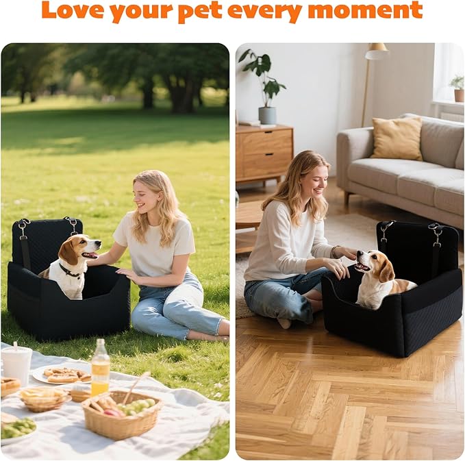 Dog Car Seat for Small/Medium Dogs Under 35lbs, Soft Booster Car Seat with Detachable Washable Cover and Cushion, Memory Foam Pet Car Seat with Safety Belt and Storage Pockets, Puppy Dog Car Bed