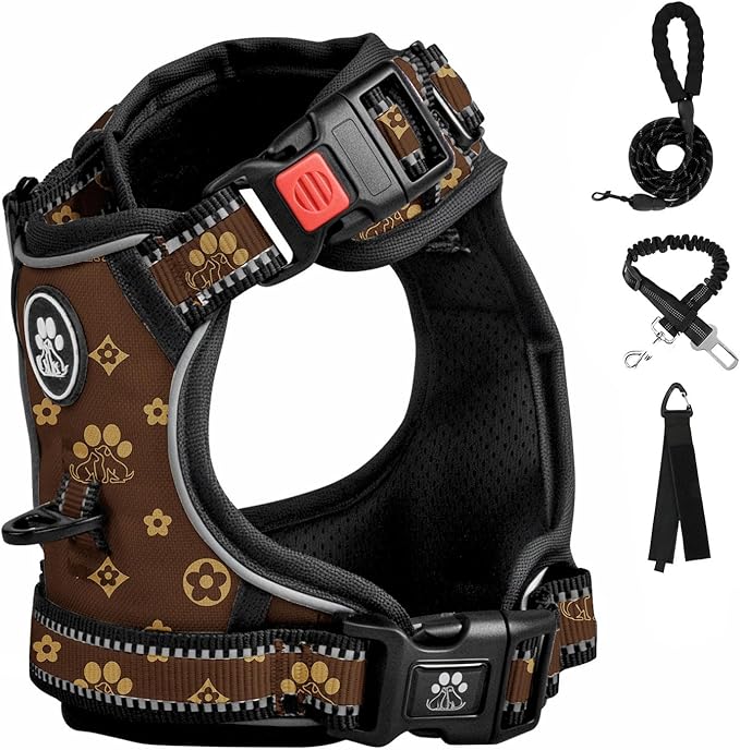 FURRYFECTION Plaid Dog Harness for Large Dogs, Reflective No Pull Adjustable Pet Vest with Front Clip, Leash, Easy Control Handle and Seat Belt, Dark Brown, L