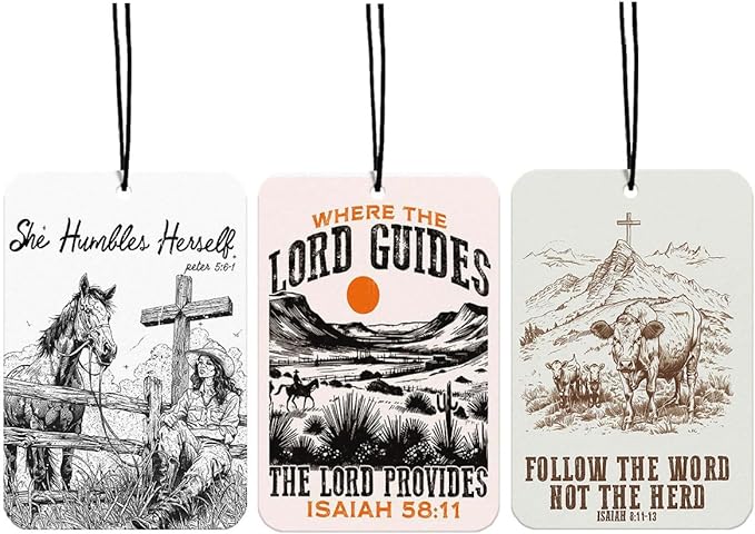 Vintage Christian Car Air Freshener Hanging 3Pcs Cross Decor Christian Car Accessories Interior, ISAIAH 58:11 Horses Cows Western Decoration Jesus Cars Decor Religious Gifts for Women Men(Lavender)
