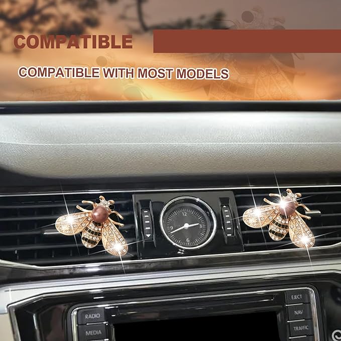 2 Pcs Shiny Bee Vent Clips, Car Diffuser Vent Clip Rhinestone Diamond Interior Decor, Crystal Air Fresheners Vent Clips, Car Decoration, Bling Car Accessories, Golden