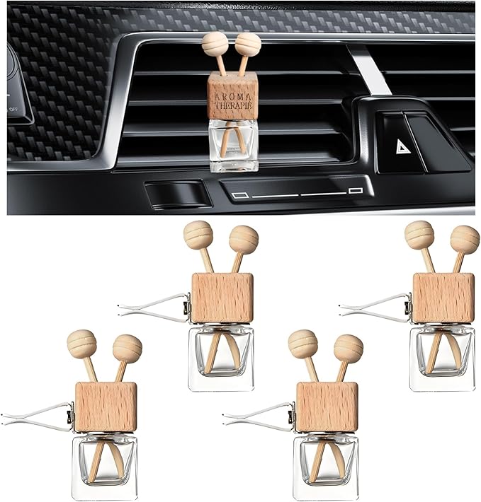 2PCS Car Diffuser Air Freshener Bottle, Refillable Empty Glass Perfume Bottles with Vent Clip, Universal Essential Oil Diffuser for Most Vehicles, Interior Car Accessories (4PCS, Word)