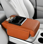 2026 Enhanced Car Center Console Armrest Cushion with USB& Type-C Charging, PU Leather Console Pad with Cup Holders, Storage& Tissue Outlet for Most Vehicles (Flat Version, Orange)