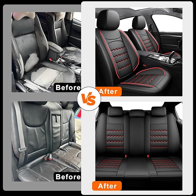 CX-50 Car Seat Covers Fit for Mazda CX-50 2023-2026, Full Coverage Premium Leather Waterproof Breathable Seat Covers, Automotive Seat Protectors, Airbag Compatible(Full Set Seats, Black & Red)